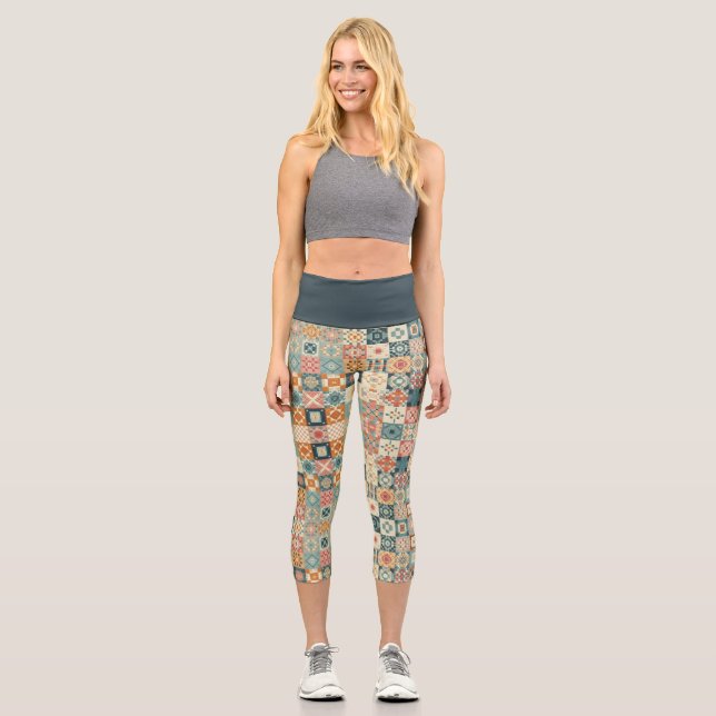 Vintage, patchwork quilted look capri leggings (Front)