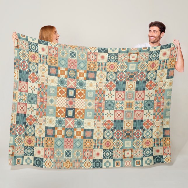 Vintage, patchwork quilted look fleece blanket (In Situ)