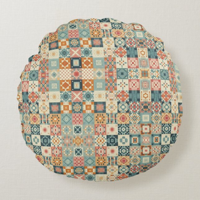 Vintage, patchwork quilted look round cushion (Front)