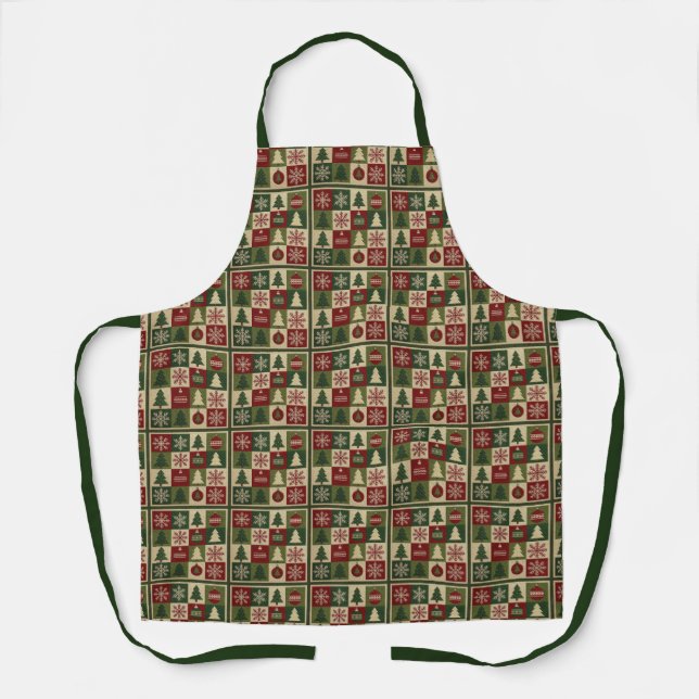 Vintage, patchwork quilted look rustic Christmas Apron (Front)