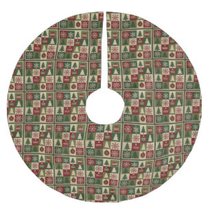 Vintage, patchwork quilted look rustic Christmas Brushed Polyester Tree Skirt