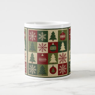 Vintage, patchwork quilted look rustic Christmas Large Coffee Mug