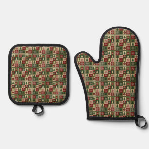Vintage, patchwork quilted look rustic Christmas Oven Mitt & Pot Holder Set