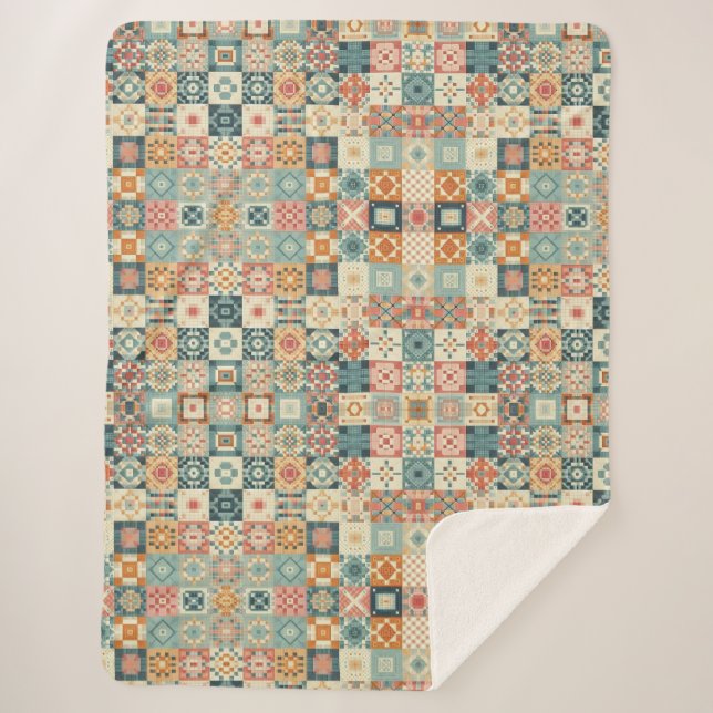 Vintage, patchwork quilted look sherpa blanket (Front)