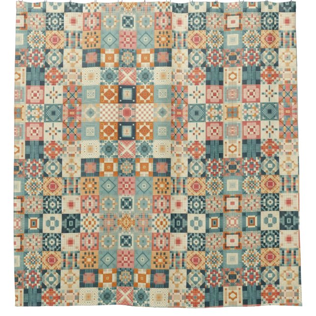 Vintage, patchwork quilted look shower curtain (Front)