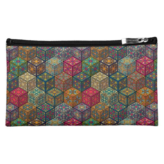 Vintage patchwork with floral mandala elements cosmetic bag