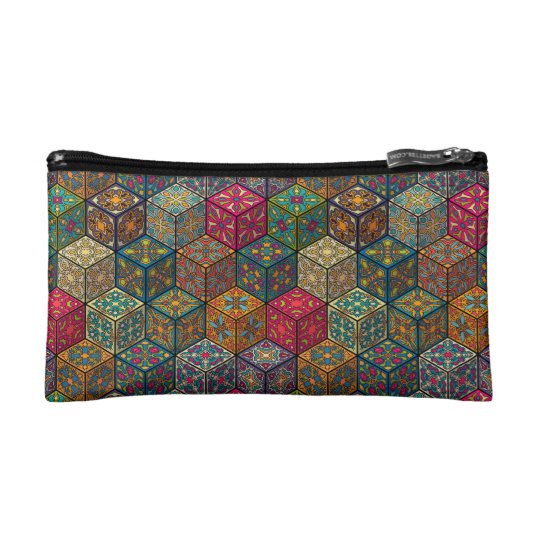 Vintage patchwork with floral mandala elements cosmetic bag