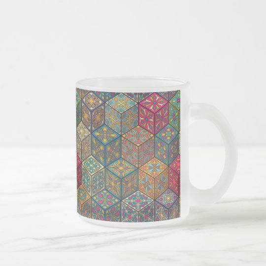 Vintage patchwork with floral mandala elements frosted glass coffee mug