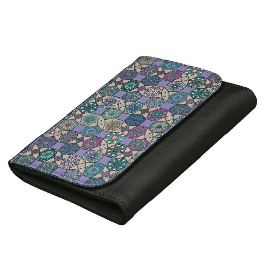 Vintage patchwork with floral mandala elements leather wallet for women