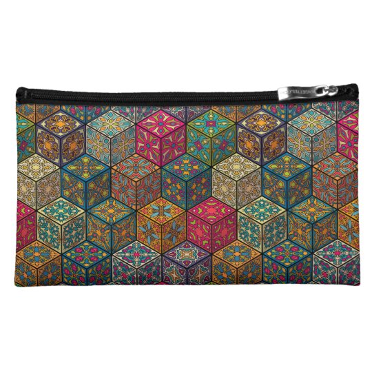 Vintage patchwork with floral mandala elements makeup bag