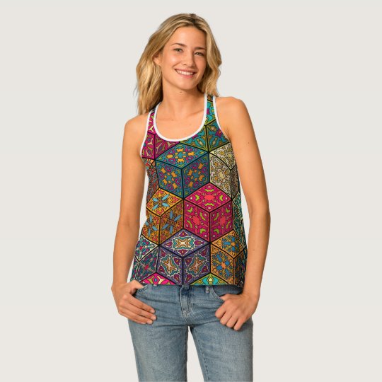 Vintage patchwork with floral mandala elements singlet