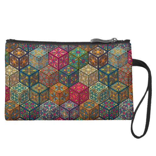 Vintage patchwork with floral mandala elements suede wristlet