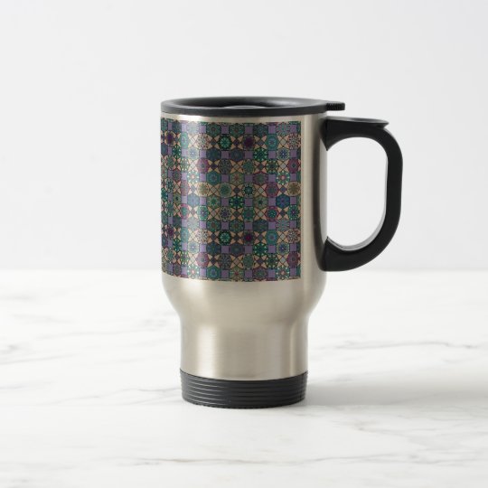 Vintage patchwork with floral mandala elements travel mug
