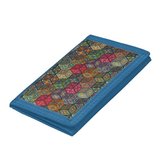 Vintage patchwork with floral mandala elements tri-fold wallet