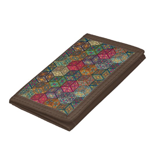 Vintage patchwork with floral mandala elements tri-fold wallet
