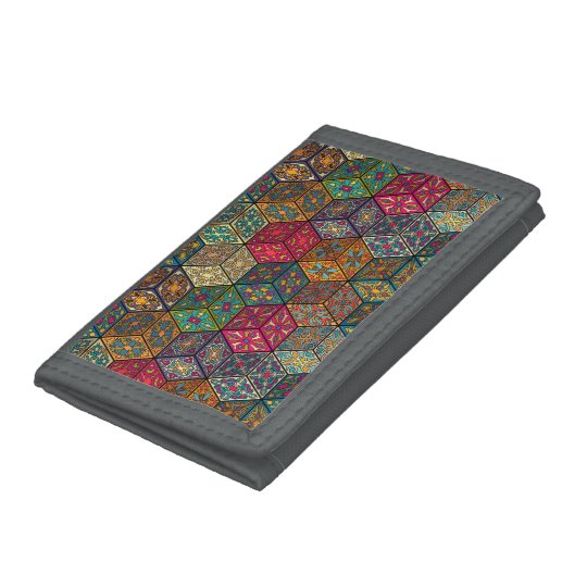 Vintage patchwork with floral mandala elements tri-fold wallets