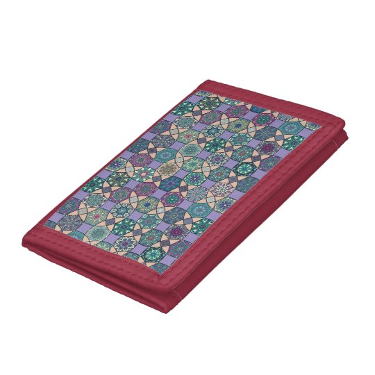 Vintage patchwork with floral mandala elements tri-fold wallets