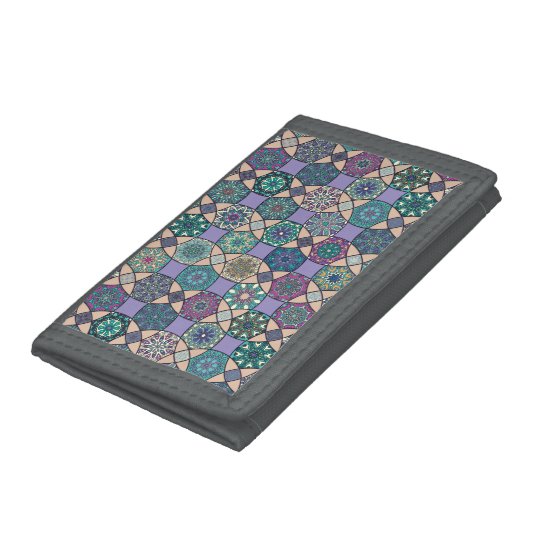 Vintage patchwork with floral mandala elements tri-fold wallets