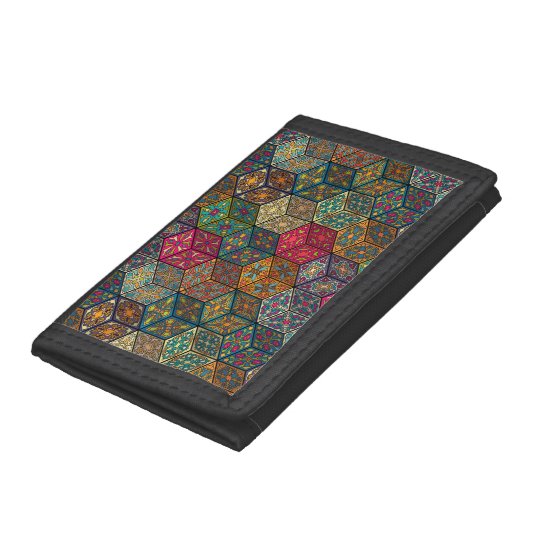 Vintage patchwork with floral mandala elements tri-fold wallets