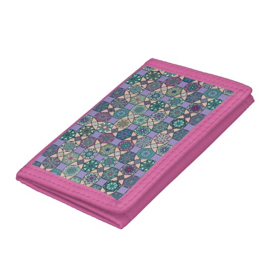 Vintage patchwork with floral mandala elements trifold wallet
