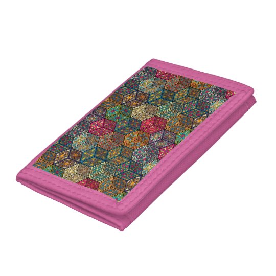 Vintage patchwork with floral mandala elements trifold wallets