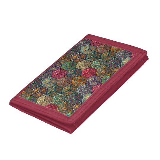 Vintage patchwork with floral mandala elements trifold wallets