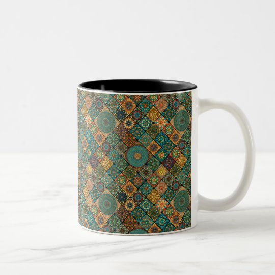 Vintage patchwork with floral mandala elements Two-Tone coffee mug