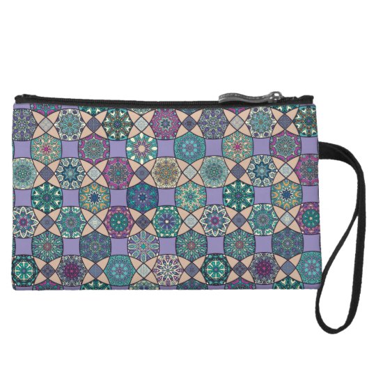 Vintage patchwork with floral mandala elements wristlet