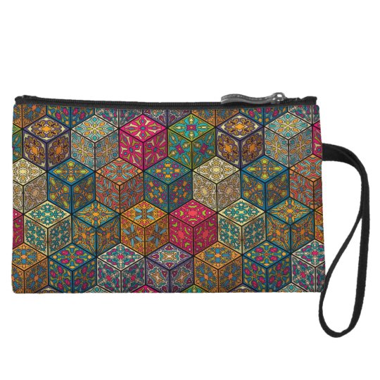 Vintage patchwork with floral mandala elements wristlet