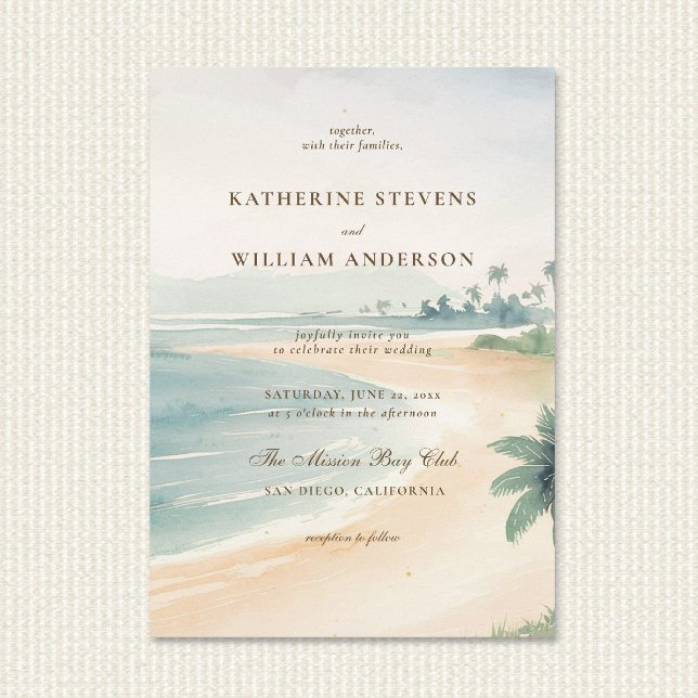 Vintage Patina Ocean Shoreline Elegant Wedding Invitation (vintage coastal wedding invitation warm sunset orange teal mid century modern retro beach nautical)