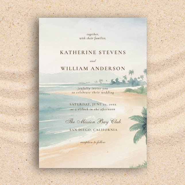 Vintage Patina Ocean Shoreline Elegant Wedding Invitation (beach wedding invitation dreamy watercolor ocean shoreline vintage patina formal modern classic)