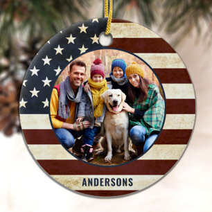 Vintage Patriotic American Flag Custom 2 Photo Ceramic Ornament