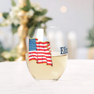 Vintage Patriotic American Flag, Fourth of July Stemless Wine Glass