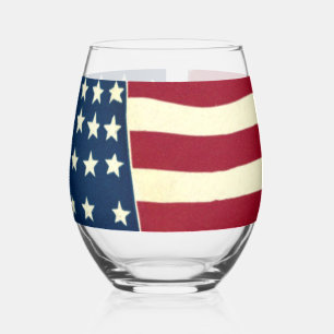 Vintage Patriotic American Flag, Fourth of July Stemless Wine Glass