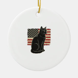 Vintage Patriotic Cat Flag Graphic T-Shirt Design_ Ceramic Ornament