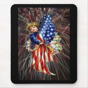 Vintage Patriotic Child and Fireworks Mouse Pad