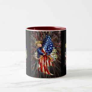 Vintage Patriotic Child and Fireworks Two-Tone Coffee Mug