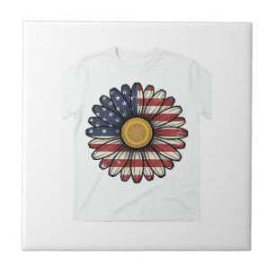 Vintage Patriotic Daisy Flower Vector Design_1 Ceramic Tile