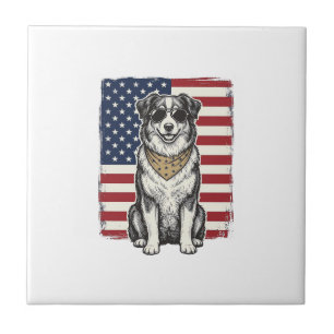 Vintage Patriotic Dog American Flag Shirt Design_1 Ceramic Tile