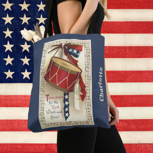 Vintage Patriotic, Drums with Musical Notes Tote Bag