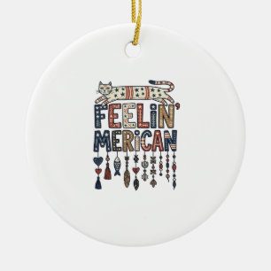 Vintage Patriotic Folk Cat American T-Shirt Design Ceramic Ornament
