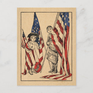 Vintage Patriotic Girl & Boy with American Flag Postcard
