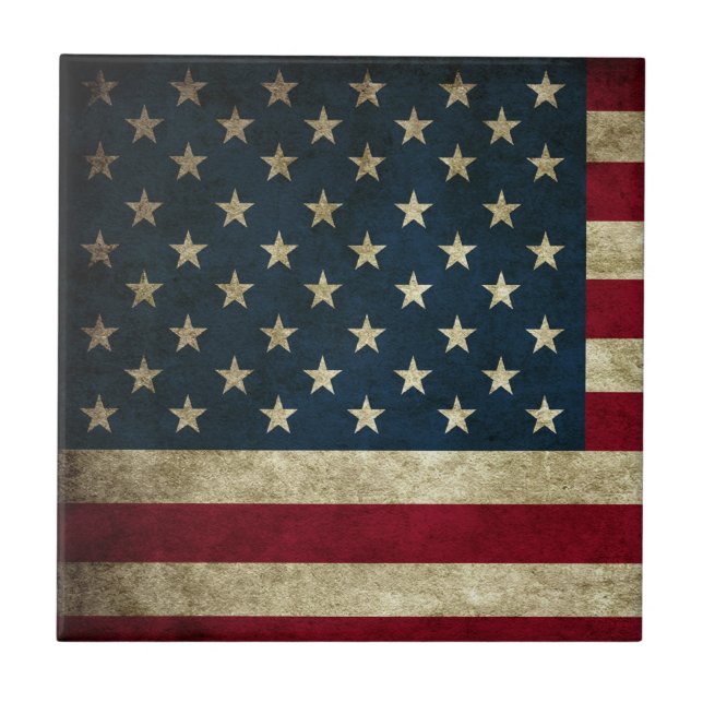 Vintage Patriotic Grunge USA American Flag Ceramic Tile (Front)