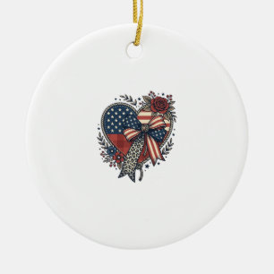 Vintage Patriotic Heart Bow Floral Shirt Design_1 Ceramic Ornament