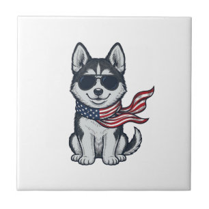 Vintage Patriotic Husky Puppy Vector Design_1 Ceramic Tile