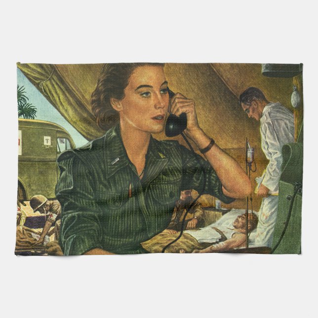 Vintage Patriotic, Medical Nurse on Phone Tea Towel (Horizontal)