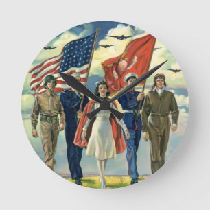 Vintage Patriotic, Proud Military Personnel Heros Round Clock
