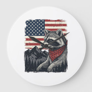 Vintage Patriotic Racoon Mountain Flag Shirt Desi Large Clock