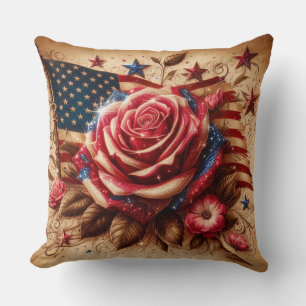 Vintage Patriotic Rose and American Flag Cushion