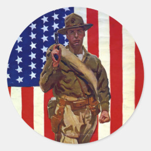 Vintage Patriotic Soldier with American Flag Classic Round Sticker